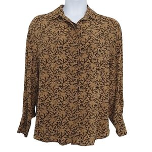 Classiques Entier 100% Silk Brown Abstract Floral Button-Up Shirt Hidden Buttons